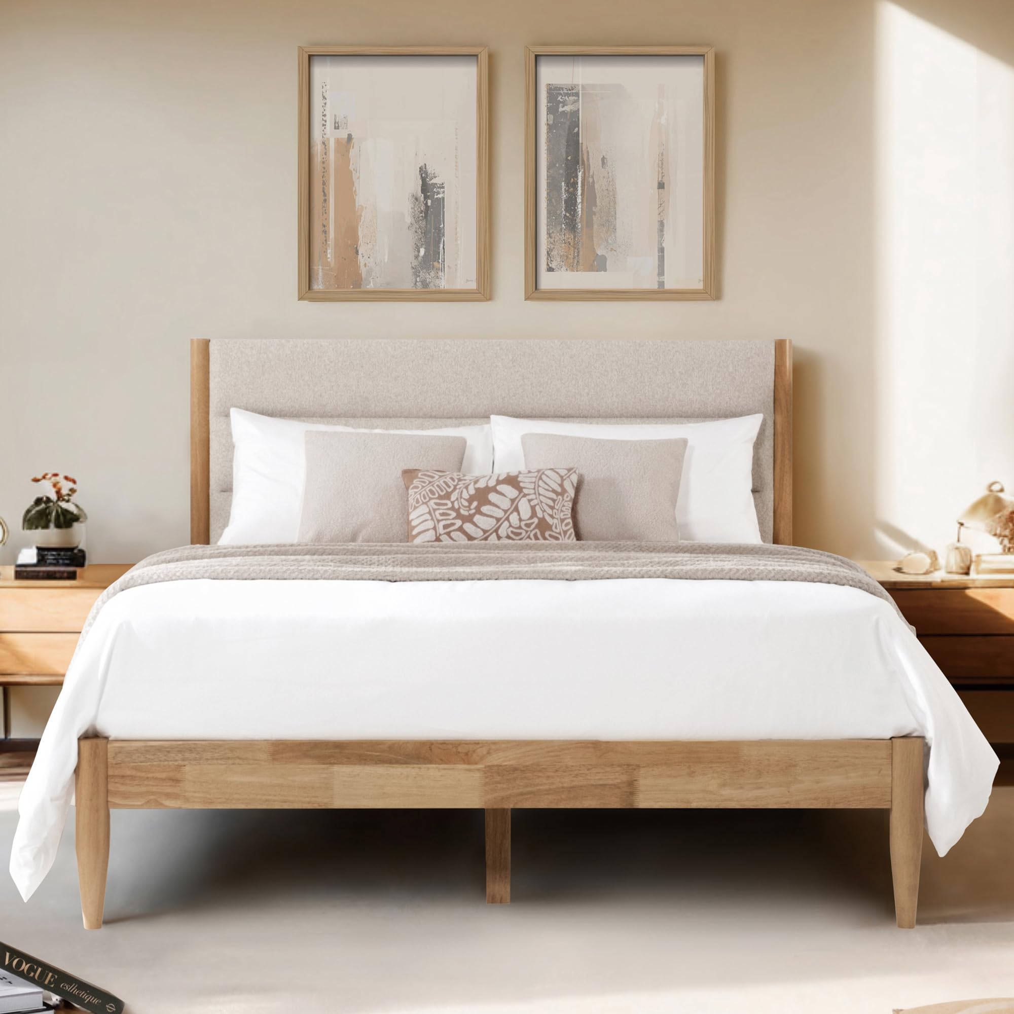 Photo 1 of KISLOT Wood Bed Frame with Upholstered Headboard Wooden Platform with Silent Slat Support Mattress Foundation No Box Spring Needed, Easy Assembly