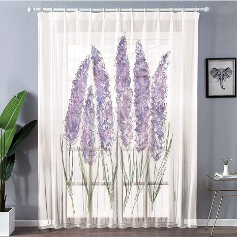 Amazon アジャスタフク付け 白色 全 サイズ 150x178cmレースカーテン 水彩花 新鮮な色のラベンダーの花のイラストミント家族の植物 バイオレットグリーンホワイト カーテン ブラインド オンライン通販