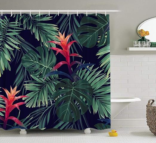 Amazon Com Lilymua Red Flower Shwoer Curtain Cool Tropical Palm Tree Leaf Floral Black Fabric Bathroom Shower Curtain Polyester Waterproof Bath Curtain For Bathroom Decor 72x78 Inch Home Kitchen