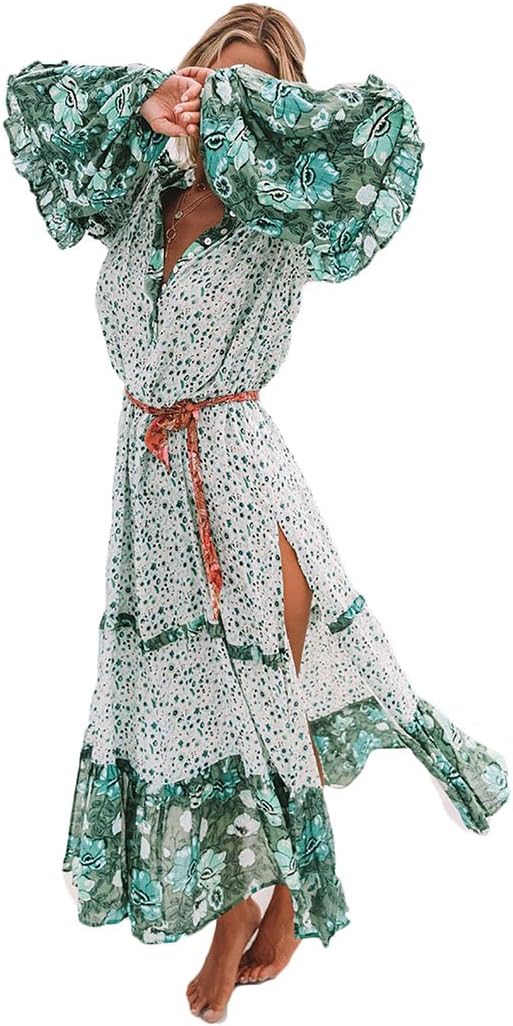 Women Floral Print Long Sleeve Boho Dress Ladies Girls Vintage A Line Evening Party Beach Maxi Dresses