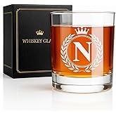 Giftissimo Whiskey Glasses - Rocks Old Fashioned Glass Gifts for Men, Monogrammed A-Z 10oz Personalized Whisky Glasses, Christmas Birthday Gifts for Men Him Dad Father Husband Brother Son (N)