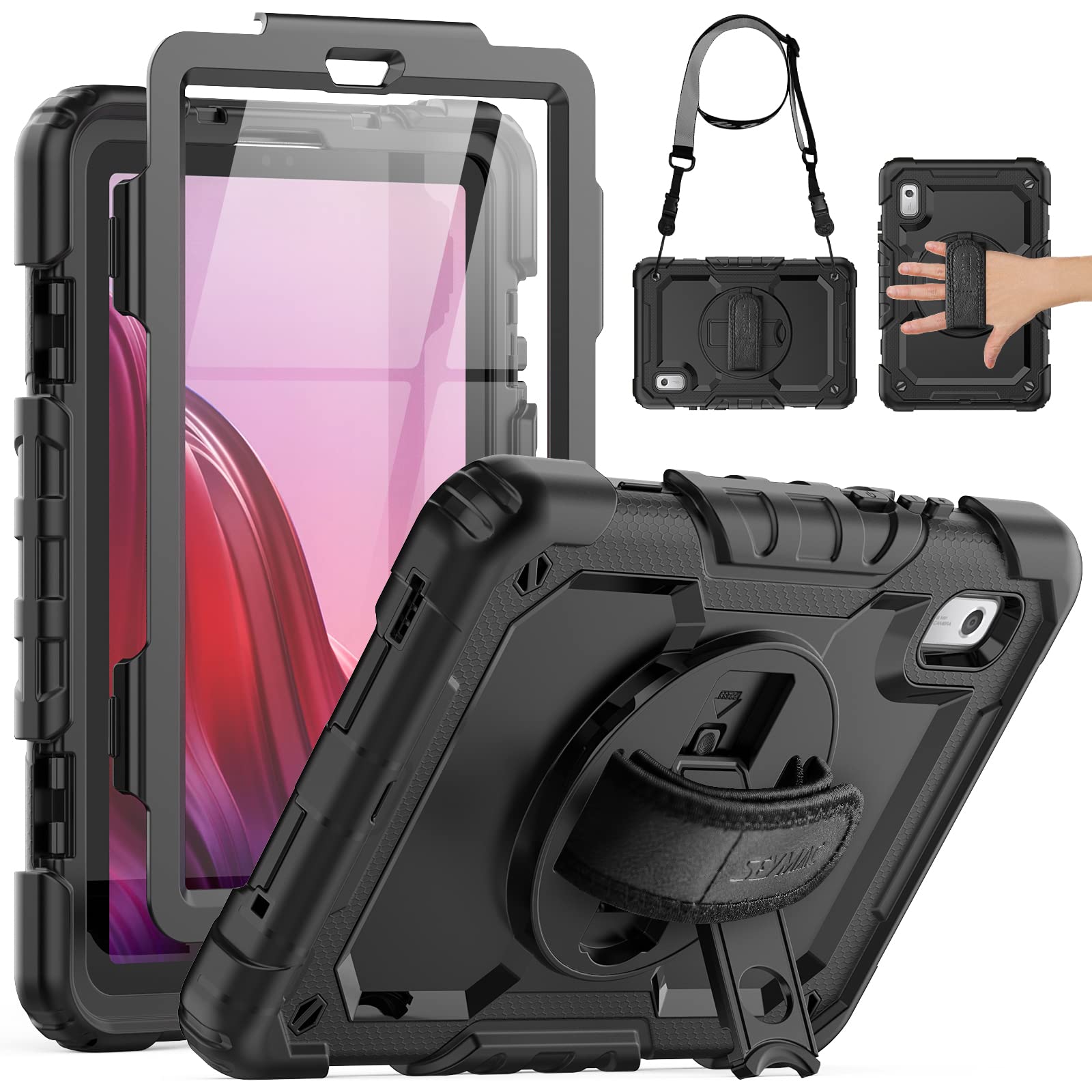 SEYMAC Case for Lenovo Tab M9 9 inch 2024 2023 with Screen Protector, Shockproof Case with 360° Rotating Hand Strap/Stand, Shoulder Strap for Lenovo M9 TB-310FU, Black