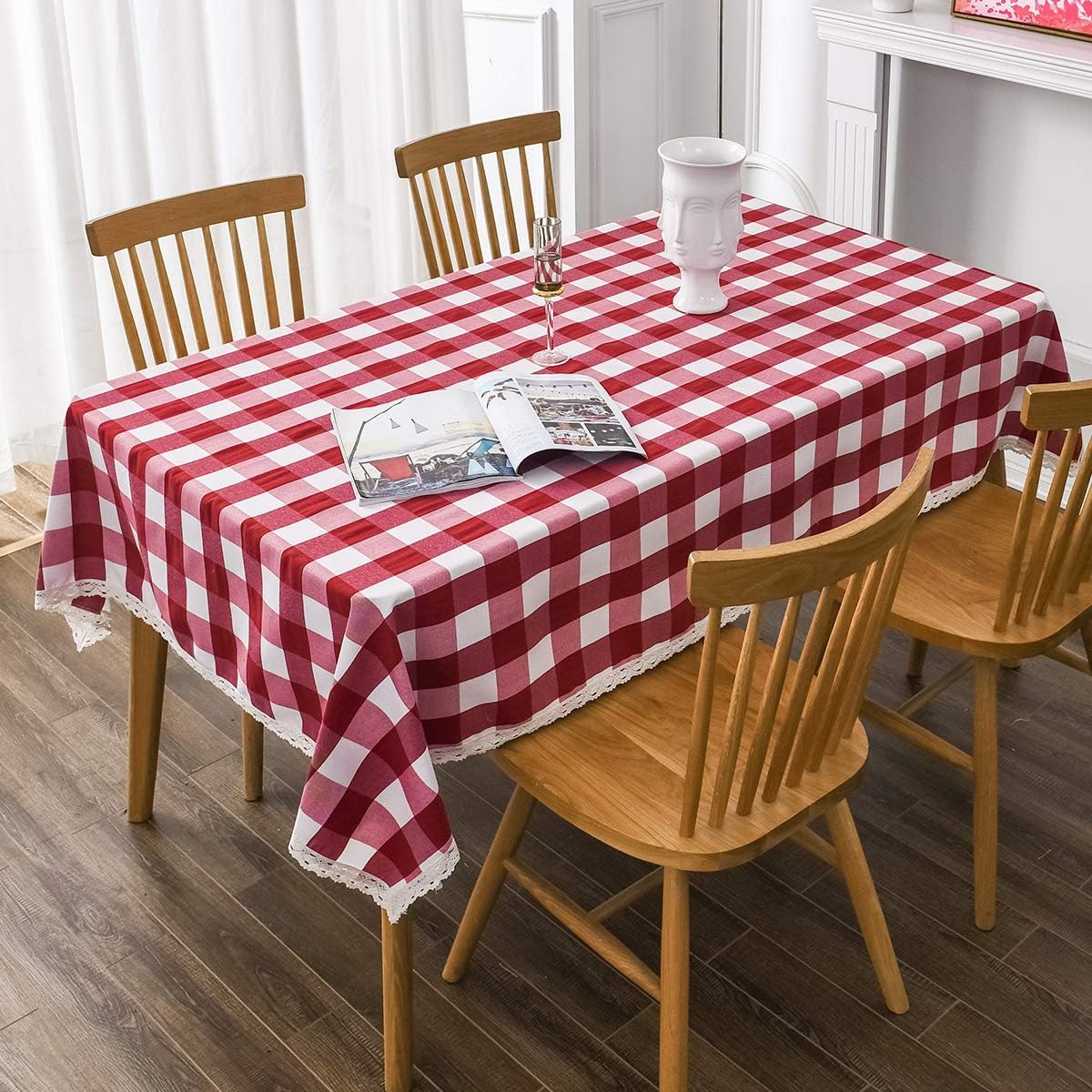 BEBEN Lace Checkered Tablecloth,Spillproof and Washable Polyester Table Cloth for Rectangle Tables,52-Inch-by-70,Red and White Checkered,Seats 4 to 6 People: Kitchen & Dining