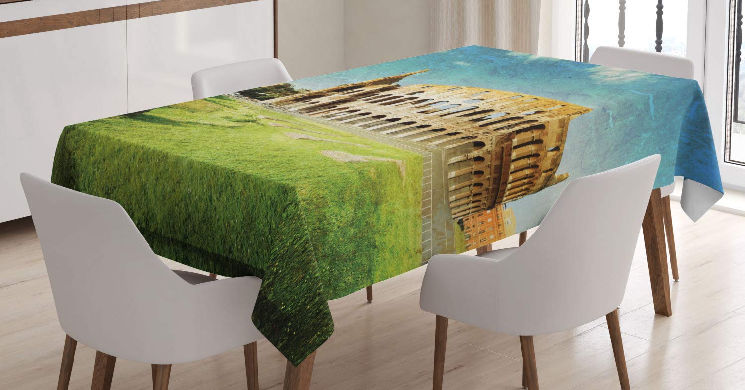 ABAKUHAUS Vintage Tablecloth, Sunset at Historical Colosseum in Rome Italian Landmark European Artwork Scenery, Dining Room Kitchen Table Cover, 54" x 94", Green Blue