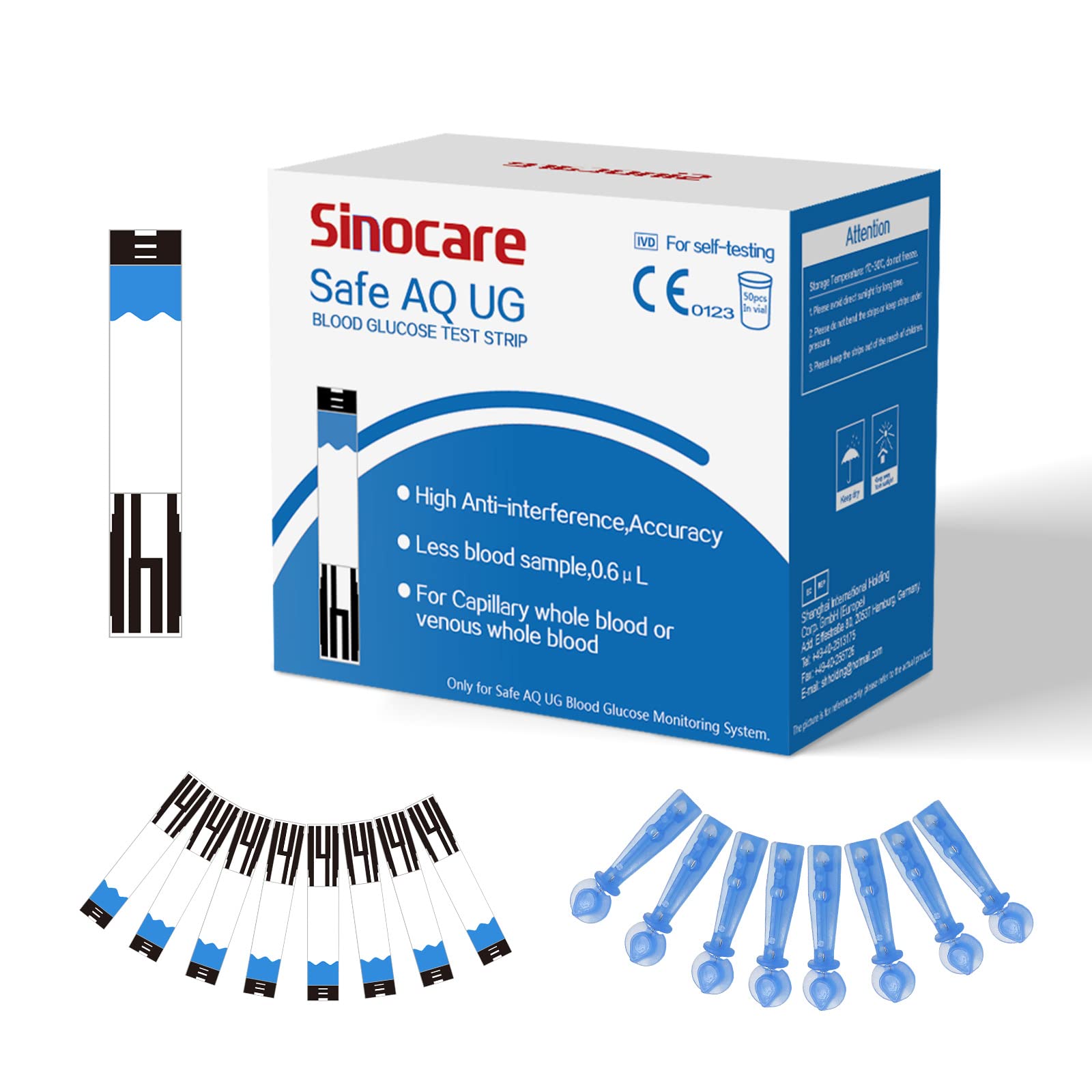 sinocare Safe AQ UG Blood Sugar Test Strips, 50pcs Blood Glucose Test Strips + 50pcs Twist Lans. for Safe AQ UG Bi-Function Monitor, Diabetes Test Strips.