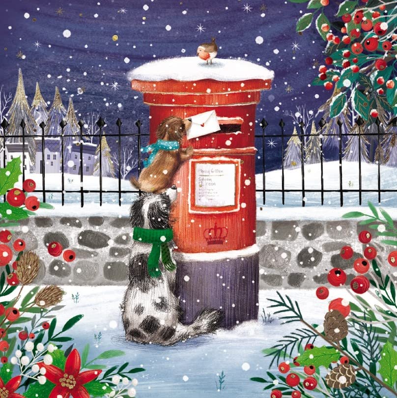 Charity Christmas Cards - Dogs with Postbox Snowy Scene with Foil Details - Eco-Friendly and Recyclable - Pack of 10 Cards - By The Great British Card Company