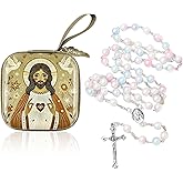 Qoncosy Catholic Rosary Beads, Rosarios Catolicos with Decorative Prayer Box, First Communion Rosary Necklace for Women, Pink Catholic Gifts Jesus and with Virgin Mary