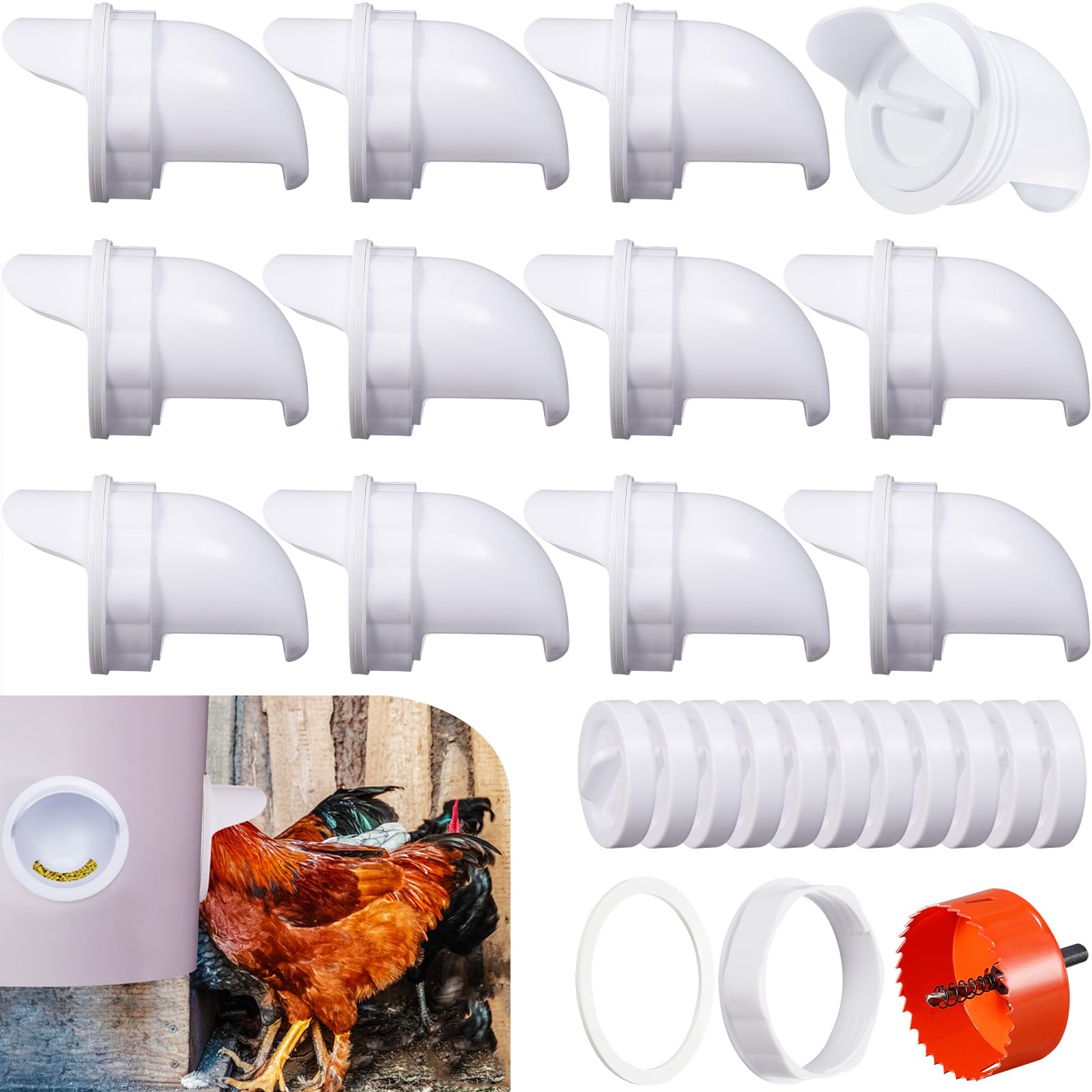 Photo 1 of 12 Ports DIY Poultry Feeder Ports,Rain Proof Gravity Fed Kit with Critter Stopper for Buckets,Barrels,Bins, Troughs,No Waste Chicken Feeder