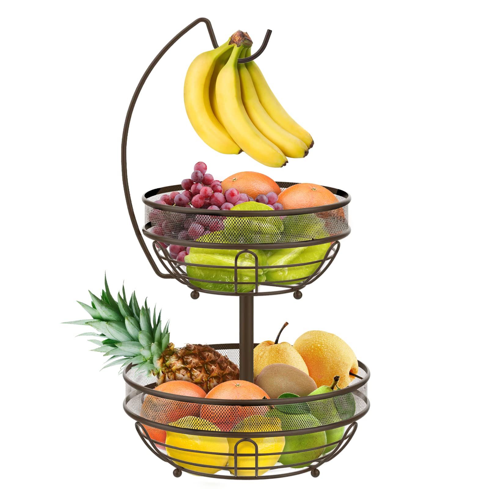 Mutool Fruit Basket, 2 Tier Fruit Bowl with Banana Hanger for Kitchen Counter, Metal Detachable Fruit Racks Storage Holder Keeps Fruits and Vegs Fresh (Bronze)