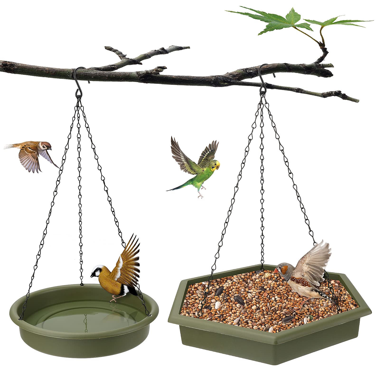 Aceshop Hanging Bird Feeder 2 in 1 Bird Feeders and Bird Baths Hanging Chain Bird Feeder Trays Plastic Wild Bird Feeding Station with Seed Tray and Water Dish Bowl for Outdoor Garden Decoration