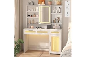 Hadulcet White Vanity Desk with Mirror and Lights, LED Vanity with Power Outlet, Makeup Vanity with 2 Drawers, 10 Storage Shelves and Acrylic Door Cabinet for Bedroom Dressing Room, 43”