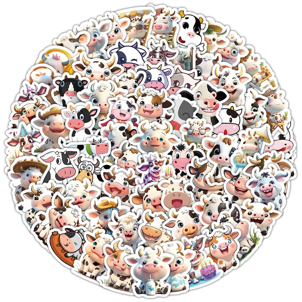 100PCS Cow Stickers for Skateboard,Scrapbook,Helmet,Water Bottle, Laptop,Car,Notebook,Luggage,Bike,Phone,Waterproof Vinyl Animal Sticker,Cartoon Cute Cattle Decals,Gift for Children Girl