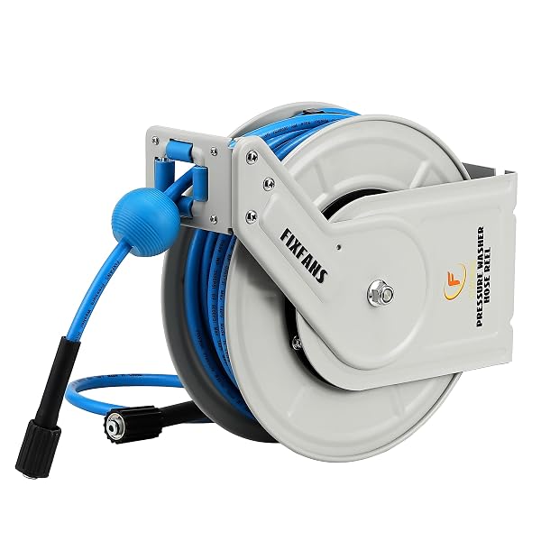 FIXFANS PRESSURE WASHER HOSE REEL WITH HOSE, 1/4″ × 60FT RETRACTABLE POWER WASHER HOSE REEL, HEAVY DUTY HOSE REEL AUTO REWIND, WALL MOUNTED, 3600 PSI