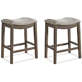 ROME + OAK Parker 26 Inch Counter Stool, Backless Saddle, Walnut, Set of 2 | Kitchen Barstool with Grey Fabric Upholstered Cushion Seat for Counter Height Dining