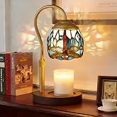 Rswardeleco Dragonfly Tiffany Style Candle Warmer Lamp, Adjustable Height | Rswardeleco Dragonfly Tiffany Style Candle Warmer Lamp, Adjustable Height with Timer Dimmer, Glass Shade Wood Base Home Decor