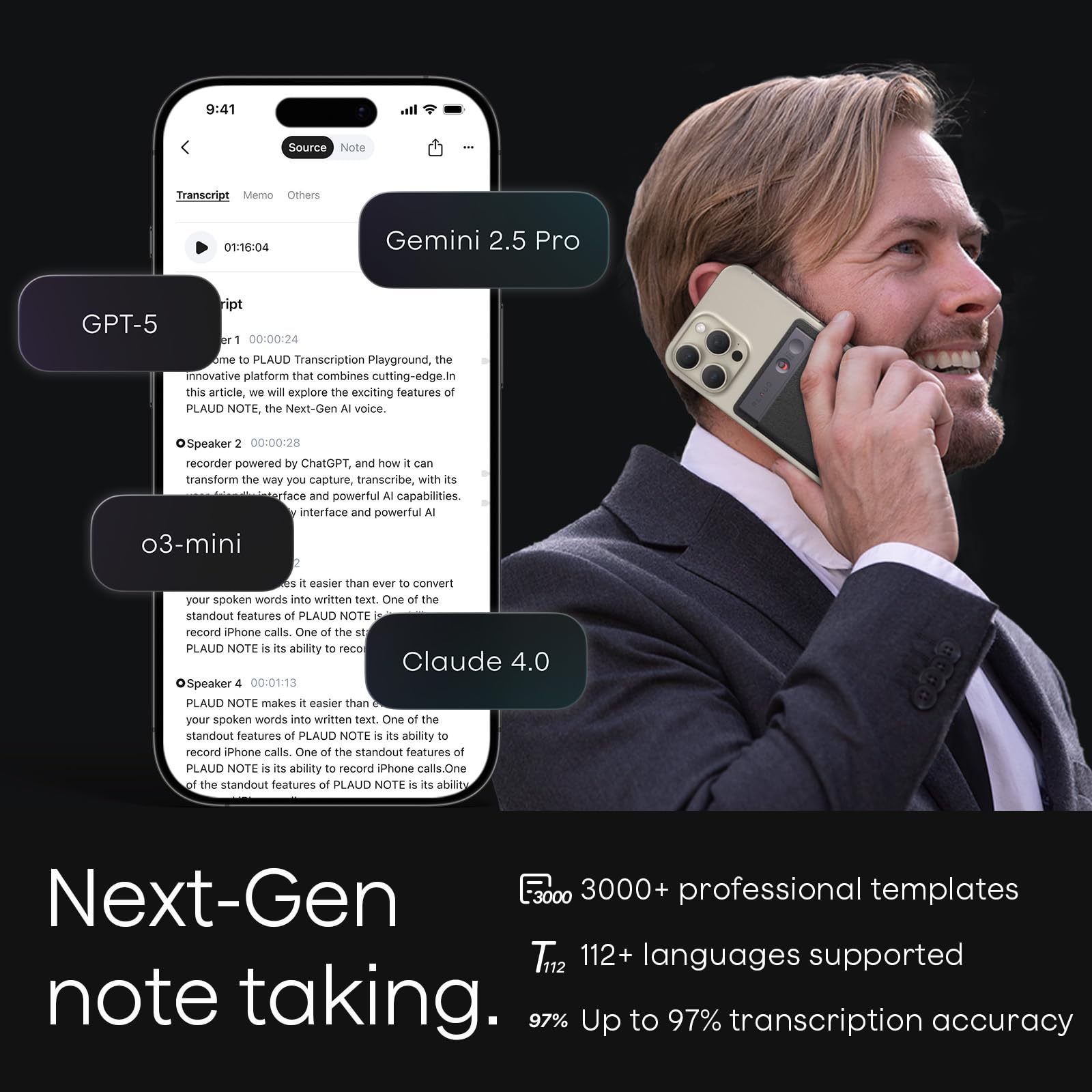Plaud Note AI Voice Recorder, Voice Recorder w/Case, App Control, Transcribe & Summarize with AI Technology, Support 112 Languages, 64GB Memory, Audio Recorder for Lectures, Meetings, Calls, Black