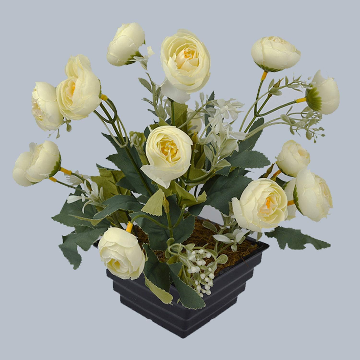 Fancy Mart Fabric, Wood & Plastic Artificial Peony in Square Step Pot (26 cm, White)