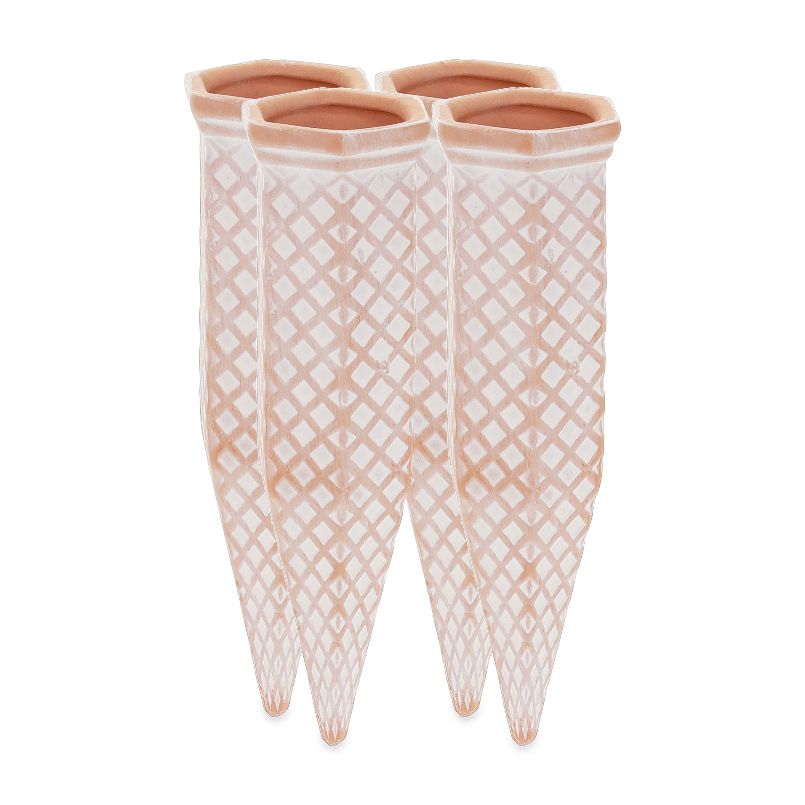 Relaxdays Clay Watering Spikes, Set of 4, Stakes for 1.5 L Plastic Bottles, Indoor & Outdoor Plants, Pattern, Terracotta, Ceramics, 18 x 5.5 x 5 cm