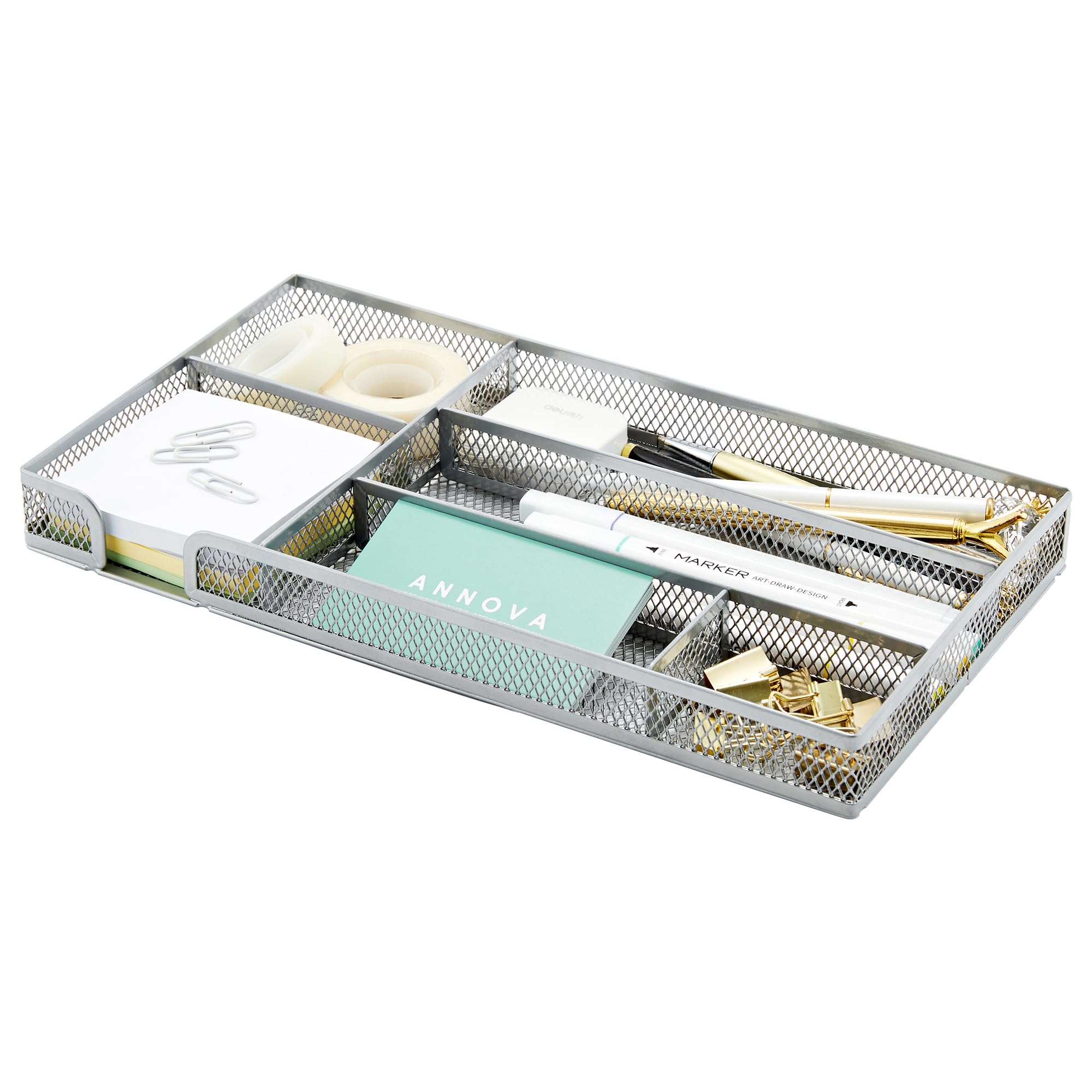 Annova Desk Drawer Organizer Tray for Office Organization - Metal Mesh - Storage Tray with Dividers for Pens, Desktop Accessories, Bathroom, Kitchen, Makeup and Office Supplies (Silver)