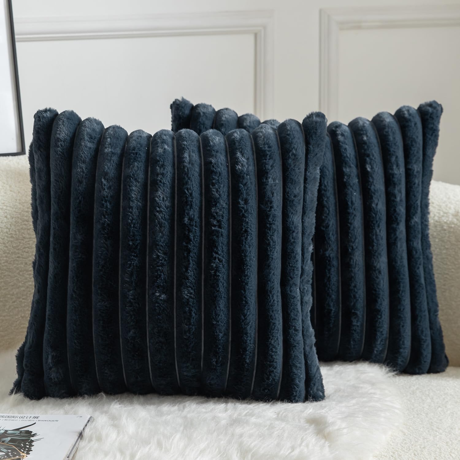 Mandioo Pack of 2 Decorative Cushion Covers 30cm x 50cm Faux Fur Striped Plush Soft Throw Pillow Covers Pillow Cases Bedroom Living Room Sofa Home 26x26 Inch Dark blue