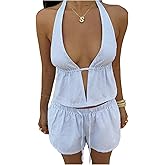 MakeMeChic Women's Summer 2 Piece Sets Striped Open Back Halter Tank Top Boxer Shorts Set
