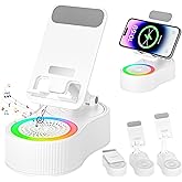 Cell Phone Stand with Bluetooth Speaker - Wireless Bluetooth Speaker with 360° Rotatable Phone Holder, Multifunctional Adjustable Stand with Charging Compatible with Tablet for Home Desk (White)