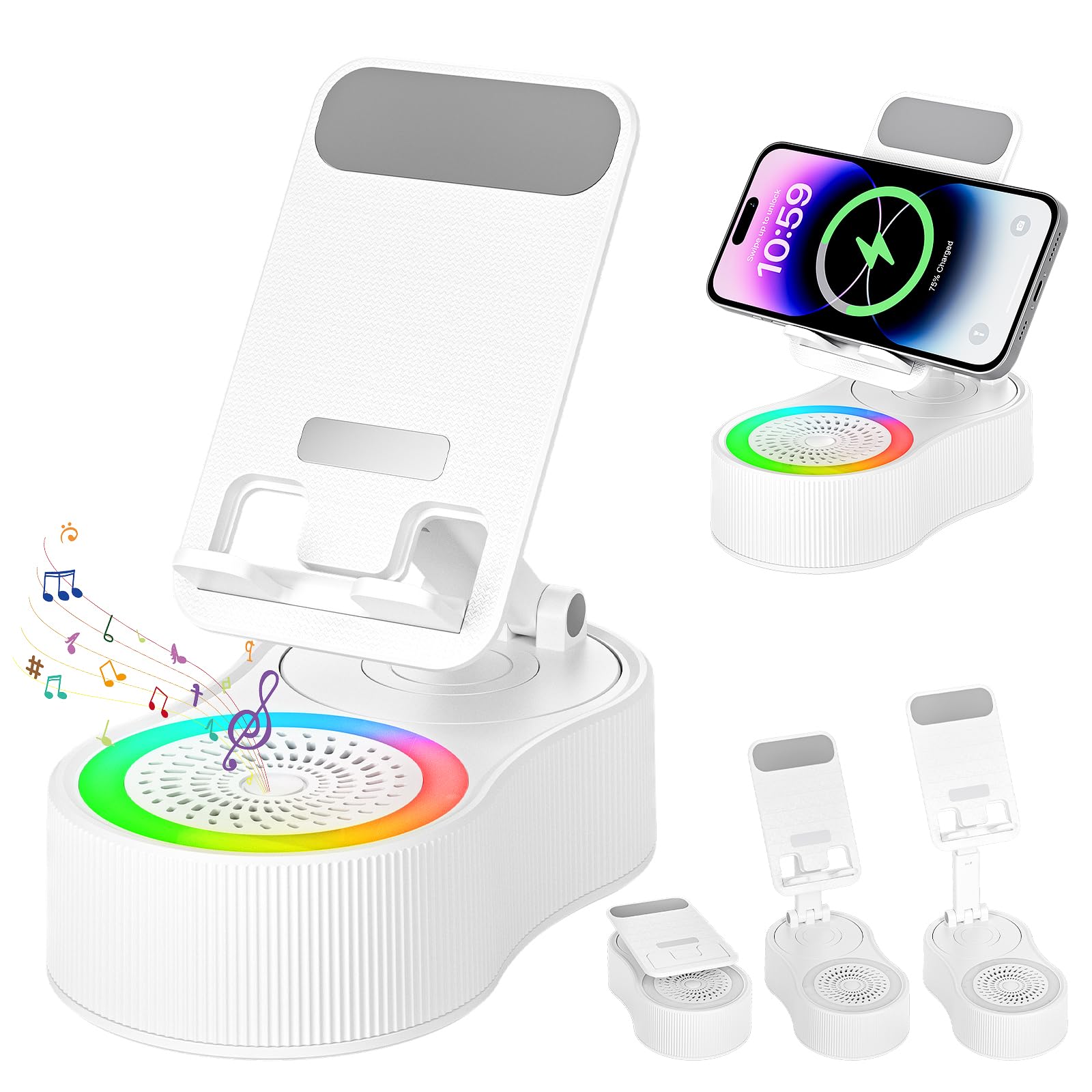 Photo 1 of Cell Phone Stand with Bluetooth Speaker - Wireless Bluetooth Speaker with 360° Rotatable Phone Holder, Multifunctional Adjustable Stand with Charging Compatible with Tablet for Home Desk (White)