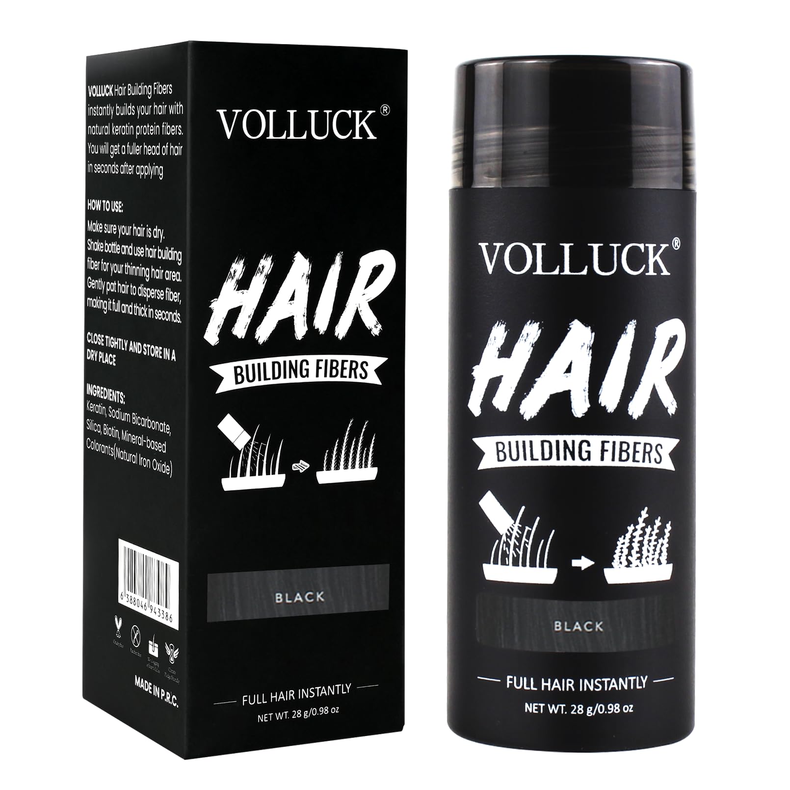 VOLLUCK Hair Fibres 28g – Instant Coverage for Thinning Hair – Creates a Naturally Fuller, Thicker Look – Lightweight, Natural Finish, Easy to Apply & Wash Off – For Men & Women (Black)