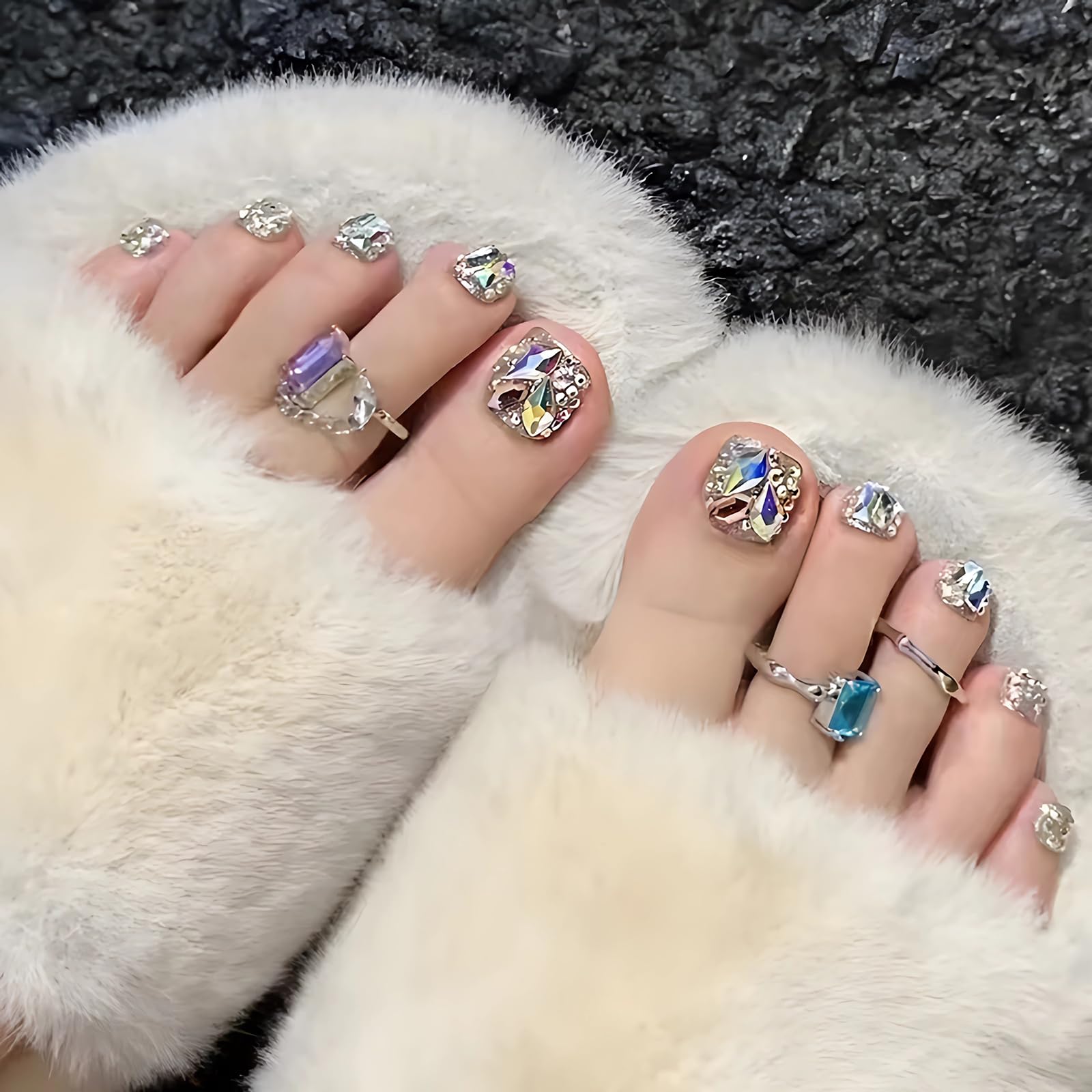 Photo 1 of MISUD Silver Press on Toenails Glossy Fake Toe Nails Glue on Nails Bling Glitter Acrylic Toe Fake Nails Supplies Rhinestone False Toenails Art with Design Full Cover Press-on Toe Nails DIY 24pcs