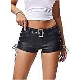 MakeMeChic Women's PU Leather Micro Shorts Lace Up Ruched Low Waist Belted Y2K Rave Going Out Mini Shorts
