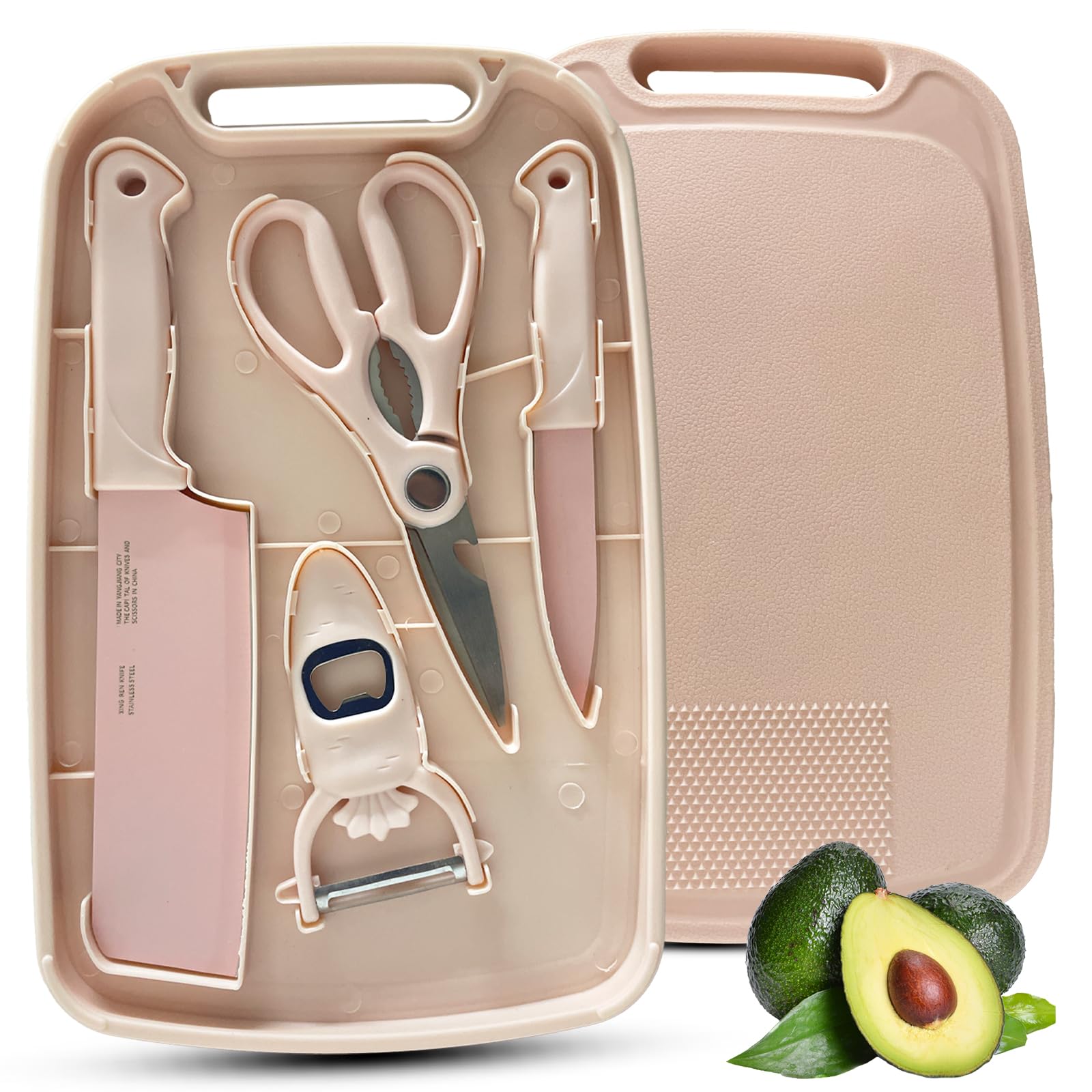 Photo 1 of WEISHEHUG Cutting Board and Knife Set, 5 In1 Travel Cutting Board And Knife Travel Cutting Board Kitchen Scissors and Peeler For Kitchen (Pink)