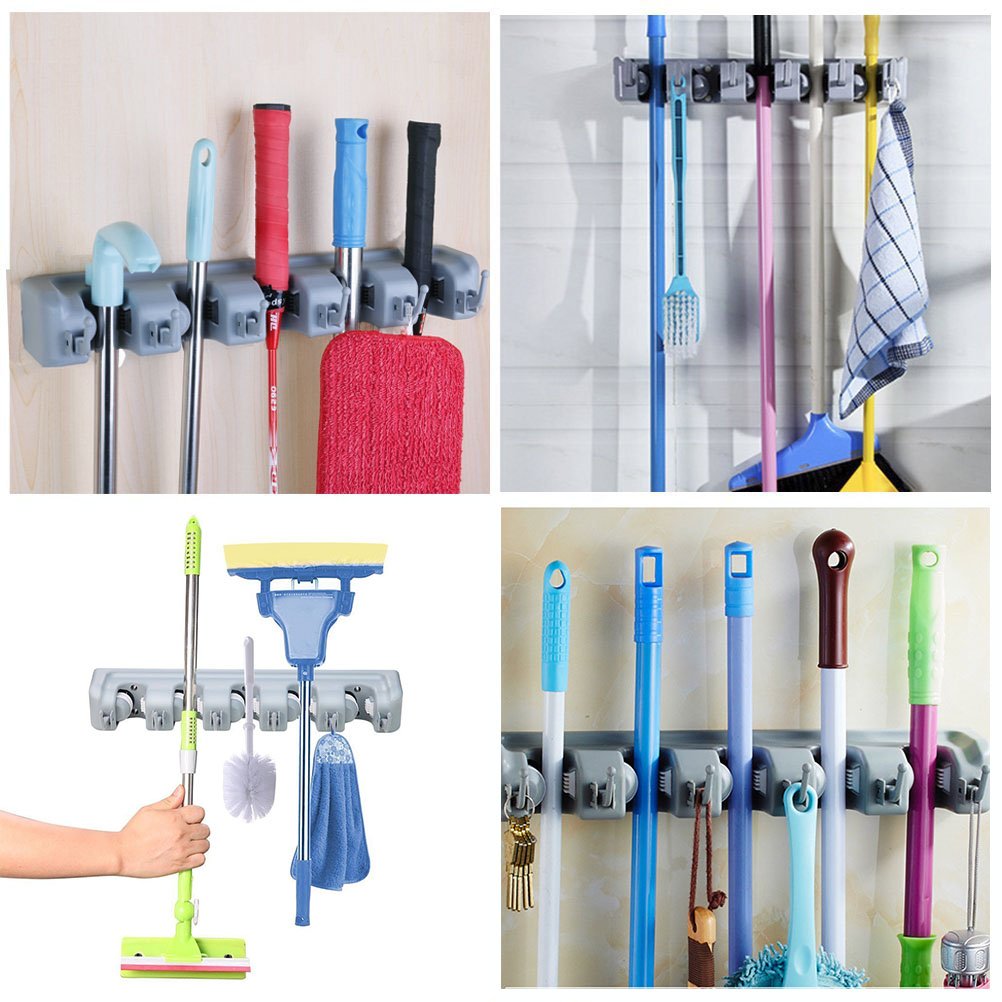 DayBuy Mop and Broom Holder Wall Closet Mounted with 5 Position and 6 Hooks Organizer Rakes Automatic Handle Grips Household Tool and Garage Storage Organization Racks