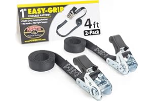 PowerTye - Endless Ratchet Strap - 1in x 4ft Easy Grip (Hookless), Tie Down Strap w/ 400 lb. Working Load Limit / 1,200 lb. Break Strength, Ideal for Motorcycle, ATV, Bike, & Coolers, Black 2-Pack
