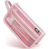 Four Candies Grid Mesh Pencil Case, Clear Double-layer with Handle (Pink) | Smooth Zipper, Transparent Pencil Pouch, Cute Stationary, Makeup Bag, Travel Friendly, for Adult Office College