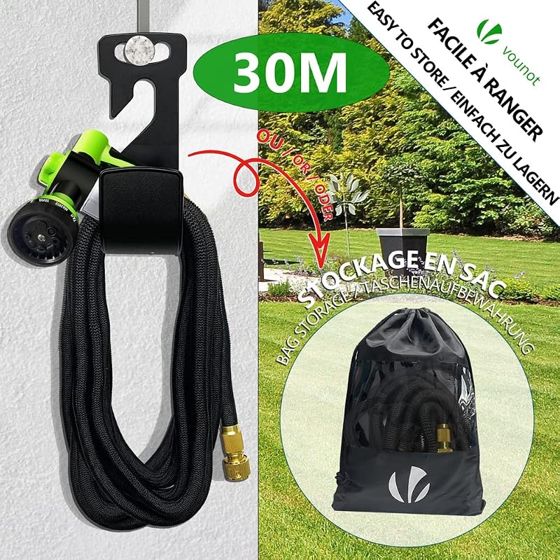 ® Manguera Extensible 30m, Manguera Flexible Jardín con Pistola Rociadora de 8 Funciones y Dispensador de Jabón, Conectores de Latón de 1/2 y 3/4 Pulgadas Bolsa de Almacenamiento, Negro