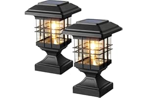 Lffital Solar Post Lights Outdoor Solar Cap Lights Deck Fence Cap for 4x4 5x5 6x6 Posts Patio Garden Courtyard Decoration Fixture Waterproof Warm White Lighting Black (2)