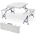 Carivia Aluminum Foldable Table Camping Picnic Folding Grilling Table w/ 4 Chairs Seats Umbrella Hole Fold Up Suitcase Table for Travel Picnic Camping BBQ Party