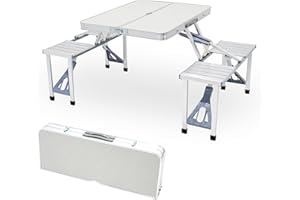 Carivia Aluminum Foldable Table Camping Picnic Folding Grilling Table w/ 4 Chairs Seats Umbrella Hole Fold Up Suitcase Table for Travel Picnic Camping BBQ Party