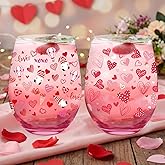 LemonRoad 2 Pcs Valentine's Day Gifts Valentines Stemless Wine Glasses Galentines Day Party Gifts 18 oz Heart Drinking Glasses Romantic Tumbler Cups for Her Couples Wedding Party Event Supplies