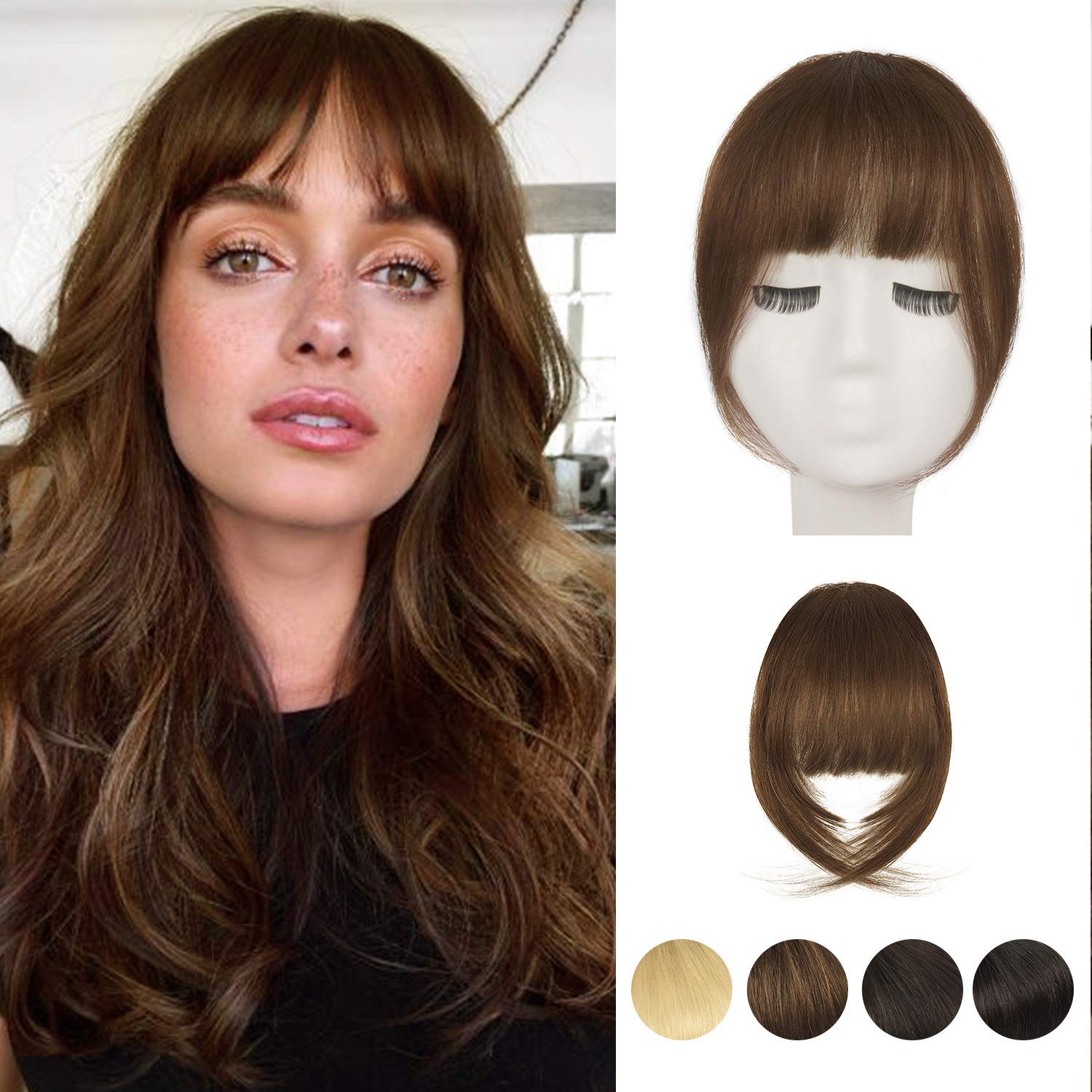 Photo 1 of BARSDAR Medium Brown Human Hair Bangs Clip in - 100% Real Human Hair Clip in Bangs for Women - Medium Brown French Bang Extensions Natura Fringe with Temples Hairpieces