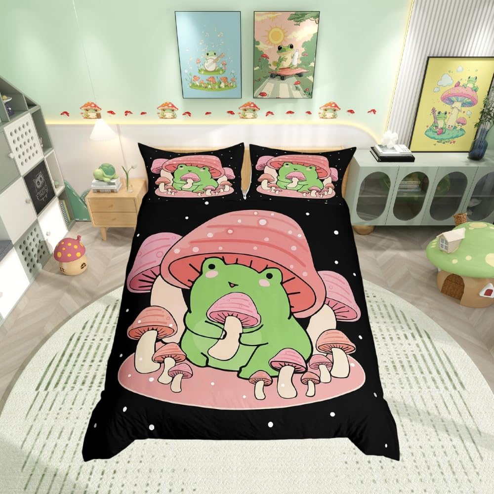 Loussiesd Cartoon Mushroom Frog Bedding Set Cute Frog Duvet Cover for Kids Boys Girls Natural Wild Fungus Comforter Cover Pink Mushroom Quilt Cover Single Size — image 1