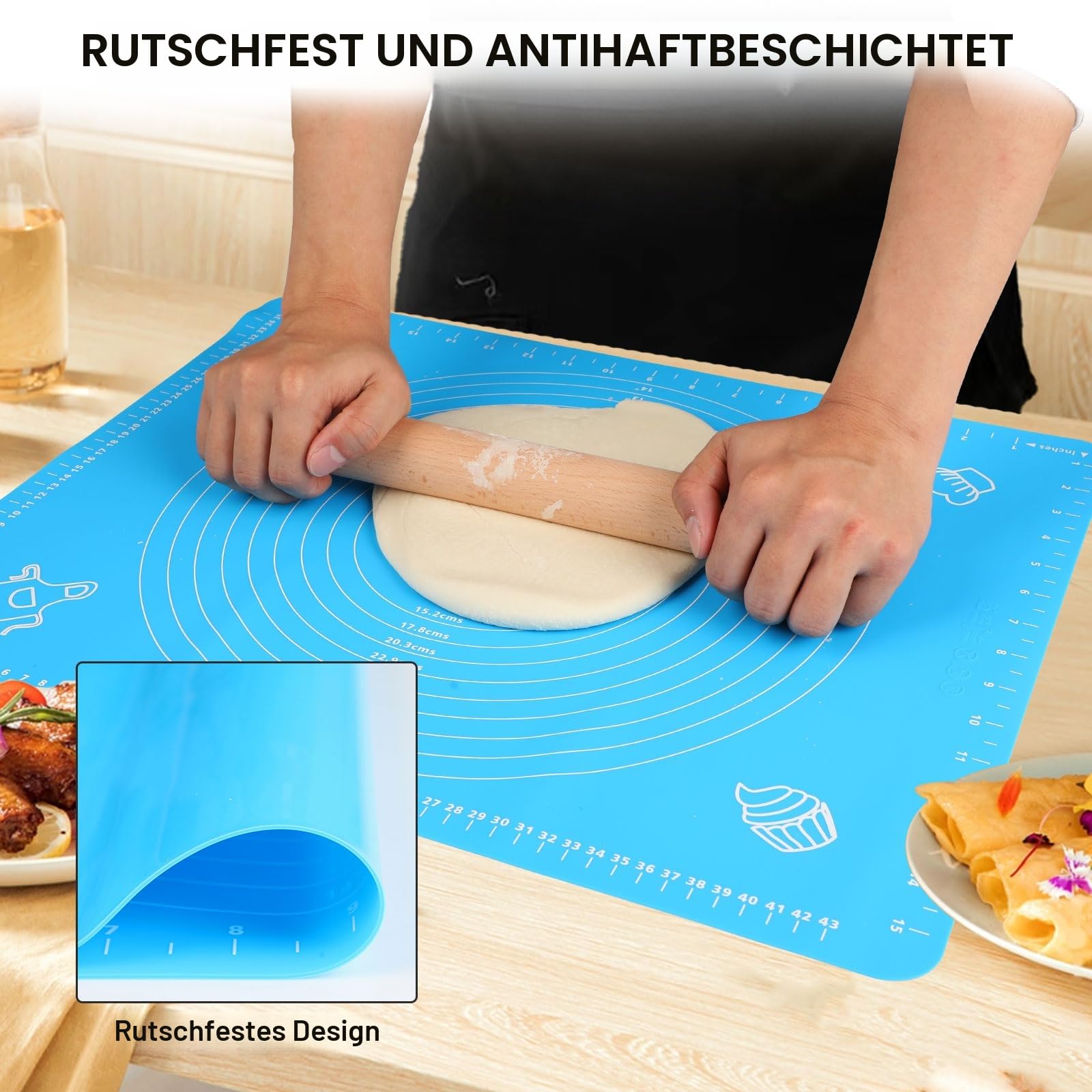 LIMNUO Silikon-Backmatte, Extra Dicke, Groß Rutschfeste Antihafte Teigunterlage Backmatte mit Messung, für Teig, Tortenkruste, Rollmatten, antihaftbeschichtet und rutschfest (Blue, 50×40cm) 4