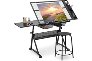 Magshion Adjustable Drafting Table Set, Tilting Glass Art Desk with Sliding Desktop, Stool & Steel Mesh Drawers, All-in-One Artist Desk for Drawing, Writing & Crafting (Clear)