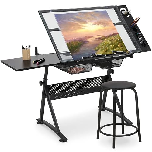 Drafting Table Set Magshion Adjustable Drafting Table Set, Tilting Glass Art Desk with ...