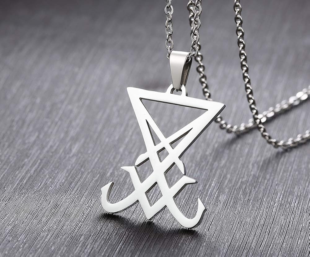 Sigil Of Lucifer Necklace : Satan Satanic Symbol Pendant Necklace Goth Gothic Witch Seal of Lucifer Alchemy Symbolic Present with 24" Curb Chain for Men Gifts for Halloween Christmas Colour Silver - Image 4