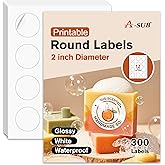 A-SUB 2 Inch Round Label Stickers for Inkjet or Laser Printer, Waterproof Glossy White, 300 Printable Circle Stickers for Custom Logo, Thank You Labels
