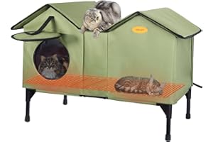 IPEAIN Elevated Heated Cat House for Outside Cats Extra Large Heated Outdoor Cat House for Winter Insulated Waterproof Feral Cat Shelter Outdoor Cat Houses Weatherproof for Multiple Cats (Green)