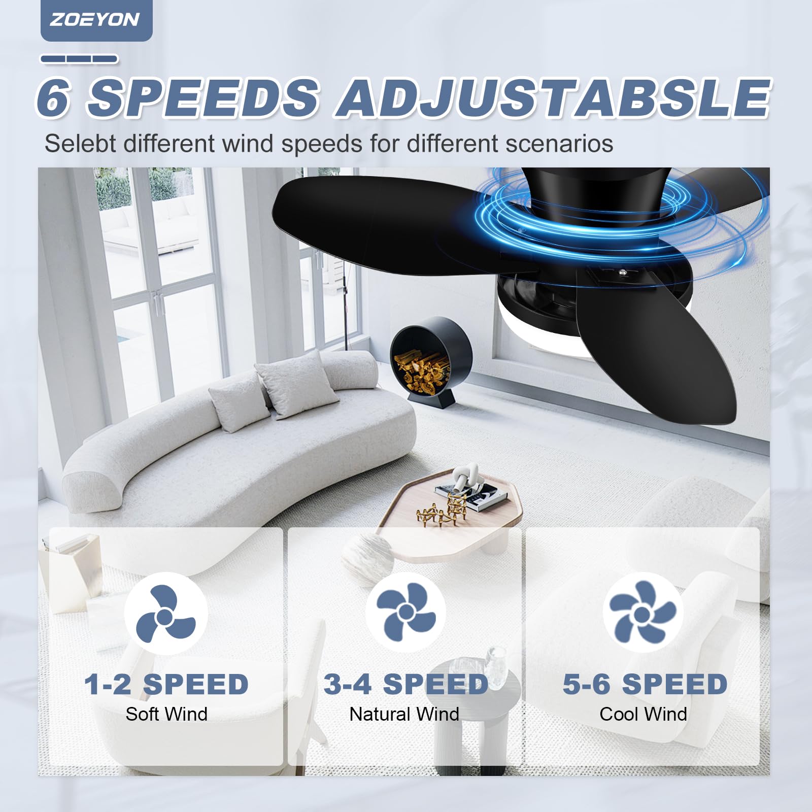 ZOEYON Small Ceiling Fan with Light - 26 Inch Flush Mount Ceiling Fan with Lights and Remote, Low Profile Ceiling Fans with 3 Reversible Blades, 6 Wind Speeds, Black Ceiling Fans for Bedroom