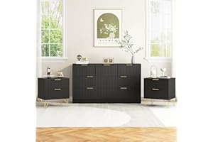 Sscaktu 7 Drawer Dresser and Nightstand Sets for Bedroom, 3 Pcs Bedroom Set，Night Stand Set of 2 & 7 Drawer Dresser with Gold Handles, Modern Wood Chest of Drawers Storage Cabinet Set, Black