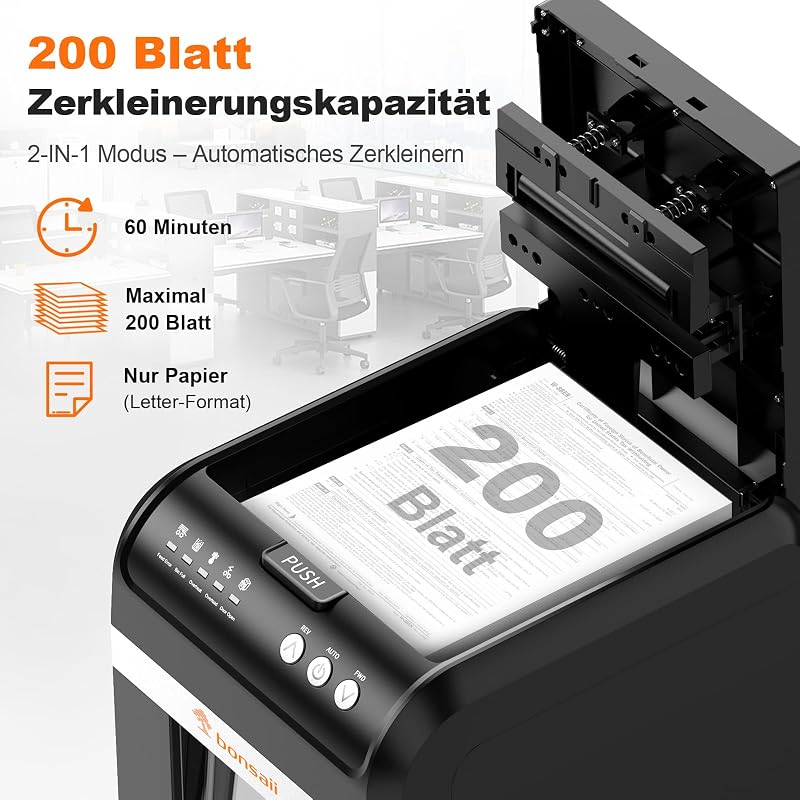 Auto-Feed Aktenvernichter 200 Blatt, P-4 Mikroschnitt, Schwarz